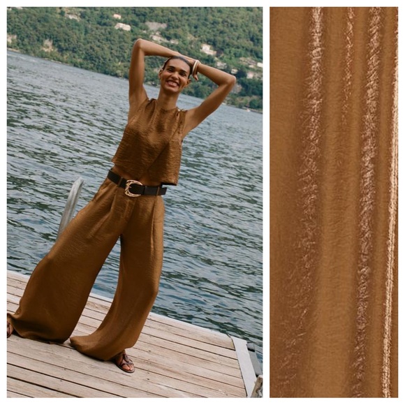 Zara Pants - NWT. Zara Caramel Satin Effect High-waisted Trousers. Size M.